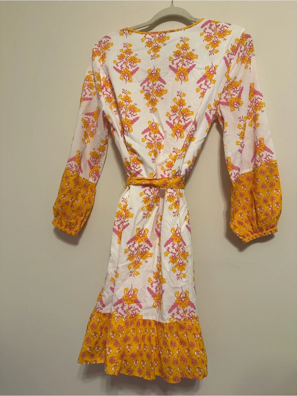 J. Crew White Mini Belted Dress with Yellow and Pink Floral Print Sz Small